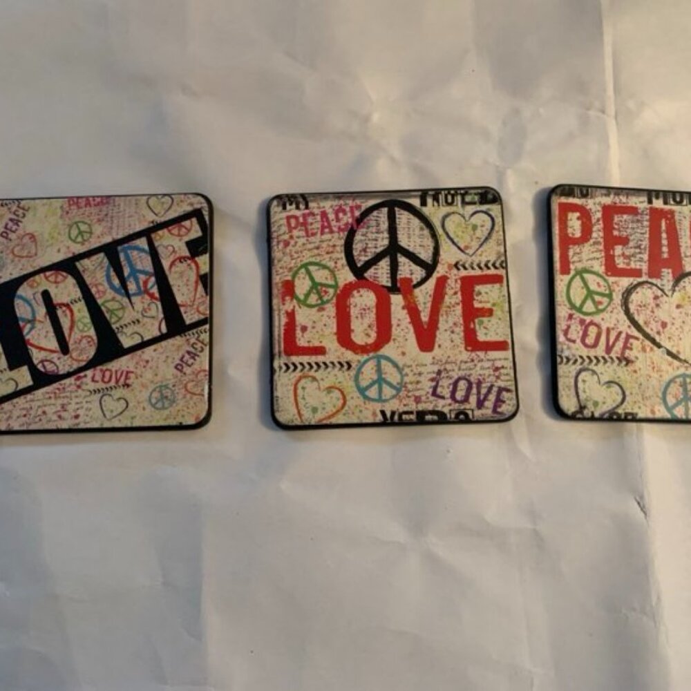 EUC Louise Carey Peace Love Coasters Set of 3